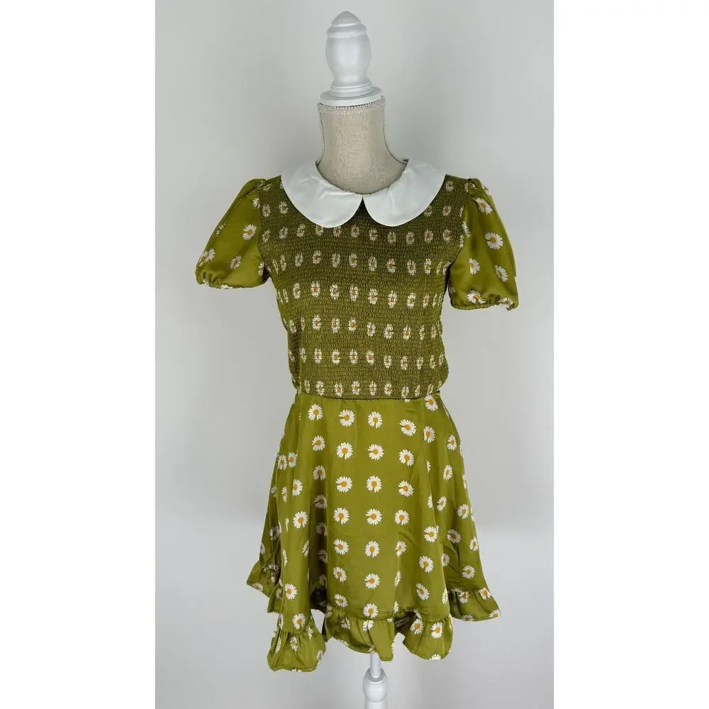 Smak Parlour Womens Green Floral Smocked Short Sleeve Flare Dress Size Medium